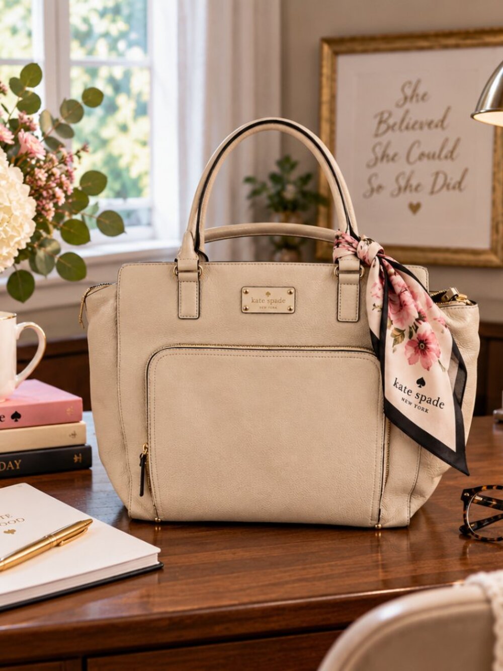 Kate Spade New York Baxter Street Marian Ecru Pebbled Leather Satchel Bag